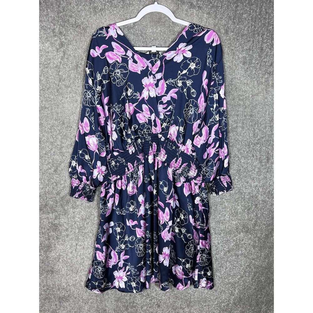 Ophelia Roe Smocked Crossover V-Neck Dress Womens Size 2X Blue Pink Floral